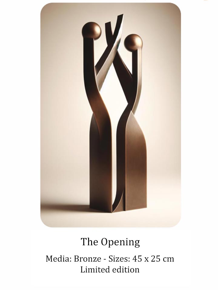 Bronze sculpture, Abstract figures, Intertwining forms, Duality and unity, Togetherness, Relationship, couple, Connection, Embrace, embracing, Dance of Us, Harmony in difference, Alchemical transformation, Timeless unity, Vibrant unity, Symmetry and balance, Minimalist form, Vertical composition, Contemporary sculpture, Limited edition, Intimacy and closeness, François Renno